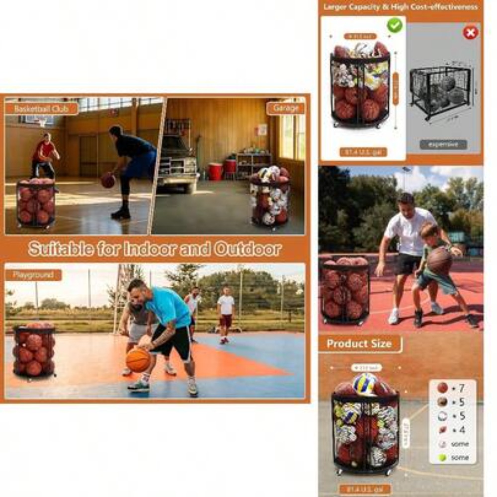 Heavy Equipment Gym - 頑丈なボール収納カート（サッカー、バスケットボール、バレーボール、フットボール用）、車輪付きローリングボールホルダーラック（ガレージ、ジム、裏庭用）、ポータブルスポーツ用品オーガナイザー、屋内屋外兼用、ブラック