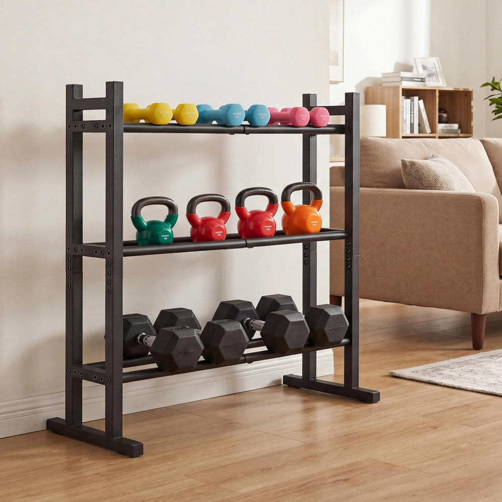 頑丈な3段ダンベルラック、粉体塗装スチール製ウェイト収納スタ - Heavy Equipment Gym のレビューと価格